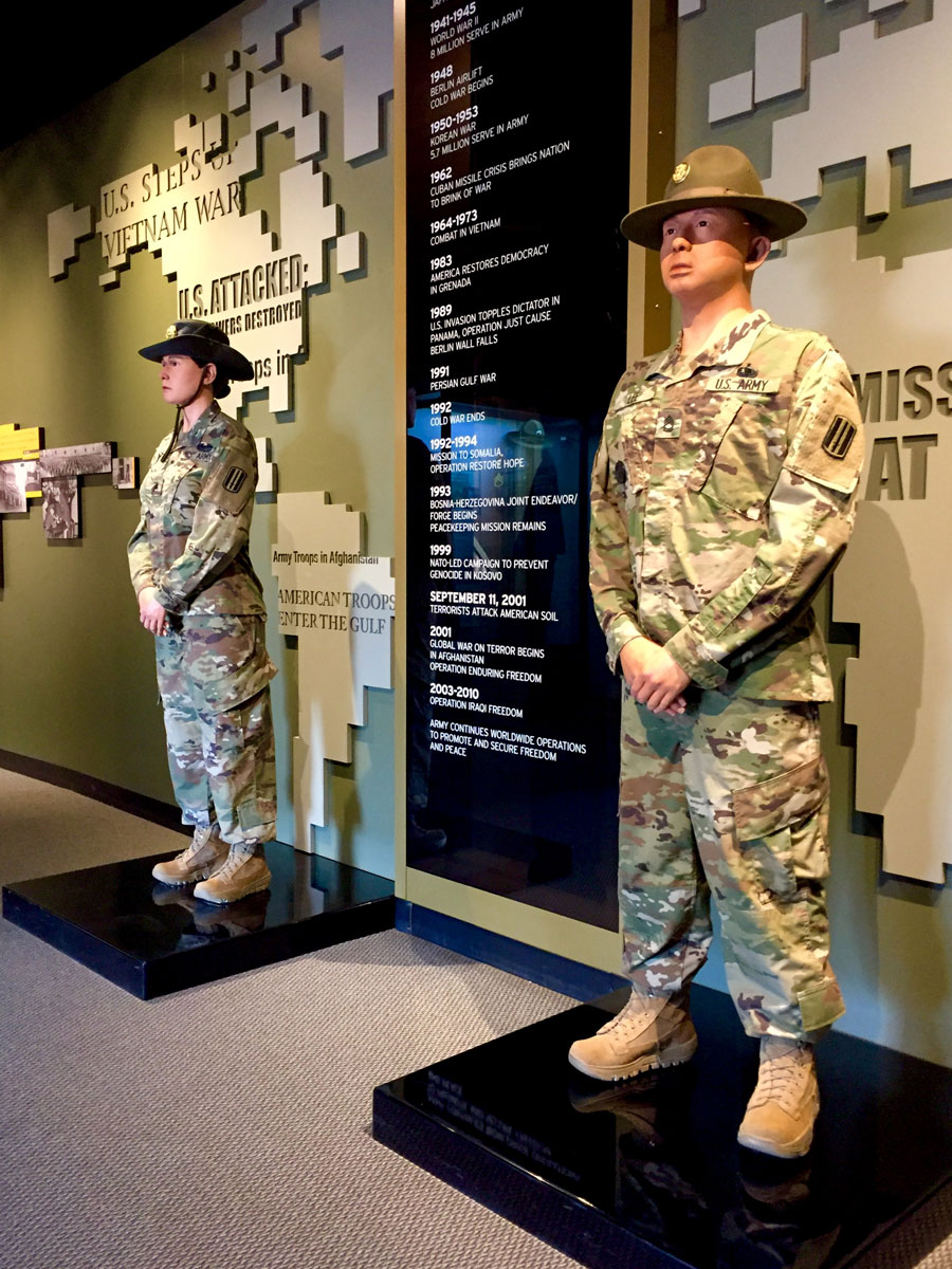 Two Soldier mannequins standing inside the US Army Basic Combat Training Museum.